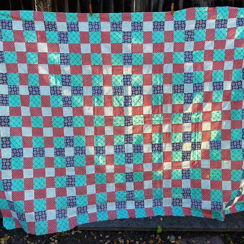 Vintage 9 Patch Quilt Top Flour Feed Sack Ready to Finish 92x72